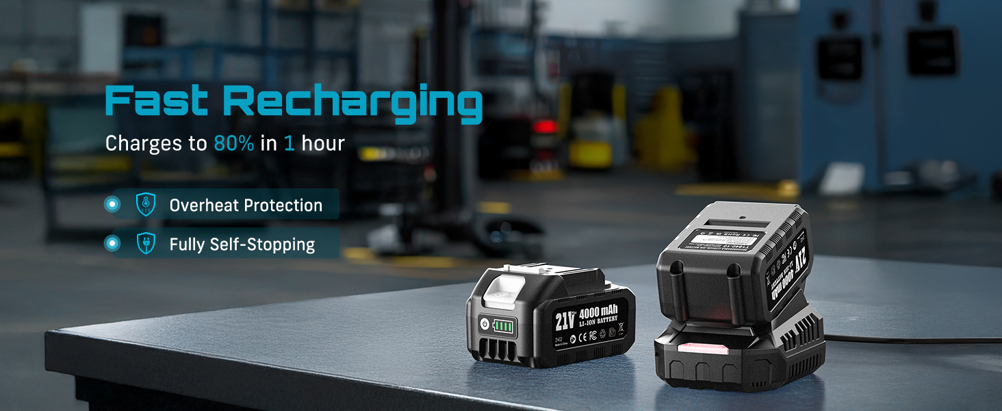 Fast recharge: 80% in 1 hour. Overheat protection & auto self-stop.