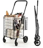 Goplus Folding Shopping Utility Cart, Double Basket and 360° Swivel Wheels, Adjustable Handle, Sm...