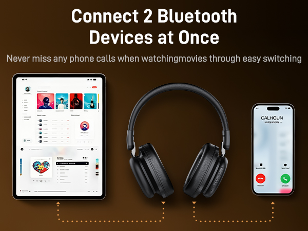 Text reads "Connect 2 Bluetooth Devices at Once" and "Never miss any phone calls when watching movies through easy switching". Bluetooth headphones displayed between smartphone and mobile phone, demonstrating dual-device connectivity feature.