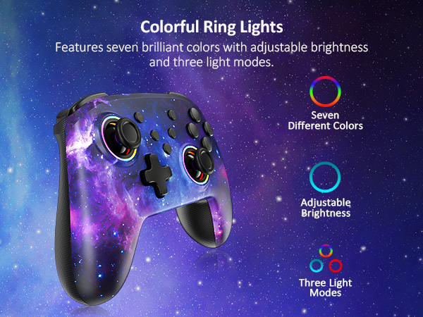 The controller can display 7 different colors of light and 3 different levels of brightness.
