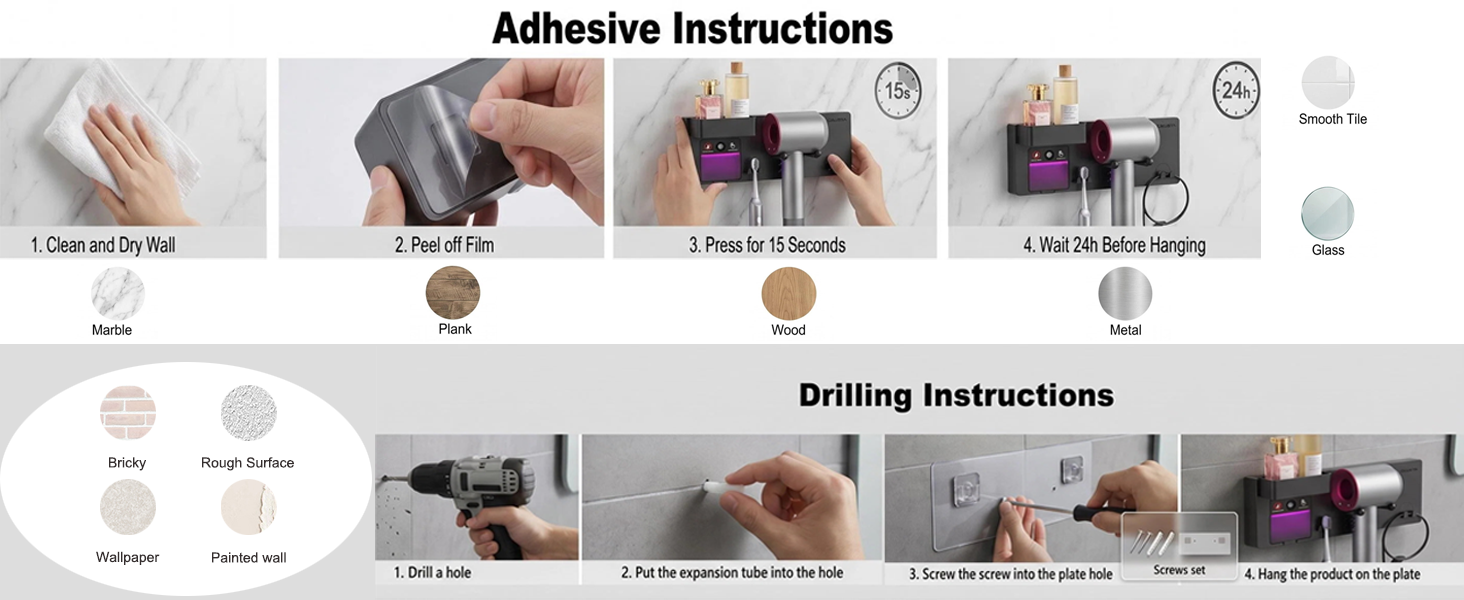 supports both no-drill adhesive installation and screw mounting for maximum flexibility
