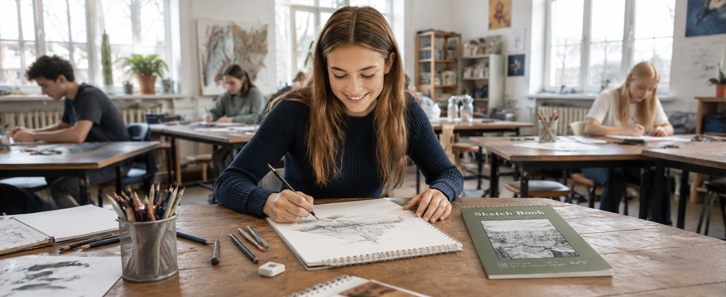 A student uses a SuFly top spiral sketchbook for pencil drawing during an art class.