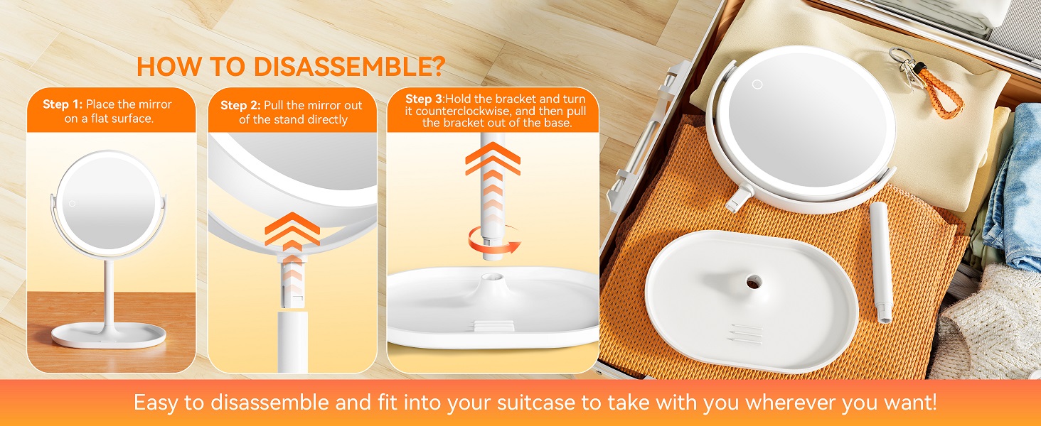 Auxmir makeup mirror disassembly steps, easy to disassemble and fit into suitcase for travel