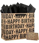 Yusenguan 16.5" Extra Large Kraft Birthday Gift Bag with Tissue Paper and Greeting Card, Black Ha...
