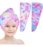 Basumee Microfiber Hair Towel Wrap for Kids 2 Pack Rapid Drying Hair Towel with Button Hair Turba...