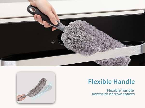 Extendable duster with gray microfiber head cleaning baseboard. Inset image shows flexible handle for reaching narrow spaces.