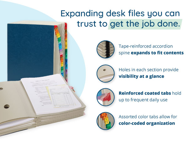 Features of expanding desk files with photos and detail closeup shots