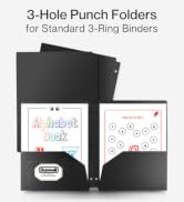 Dunwell 2-Pocket Folders with Pockets, (3-Pack, Black) 3-Hole Punched Binder Folders Colored Plas...