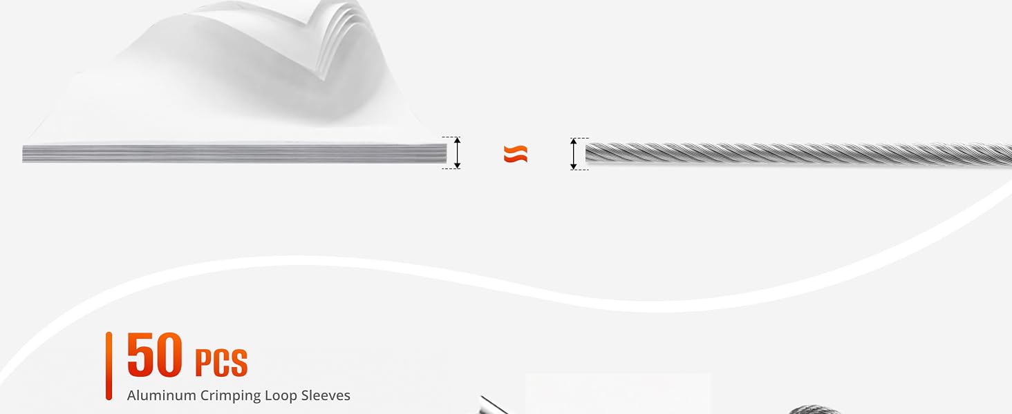 CHIWODA wire rope kit includes 50 pcs aluminum crimp sleeves for secure loop connections.