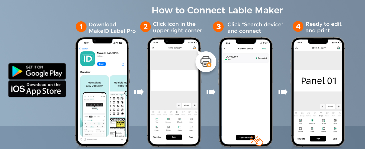 Text reads 'How to Connect Label Maker'. Instructional diagram showing smartphone screens with app interface and 'Panel 01' reference, demonstrating connection steps for label maker device.