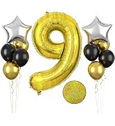 Laser Gold Number 9 Balloon, 40 Inch 9th Birthday Balloons, 11Pcs Metallic Gold Black Latex Ballo...