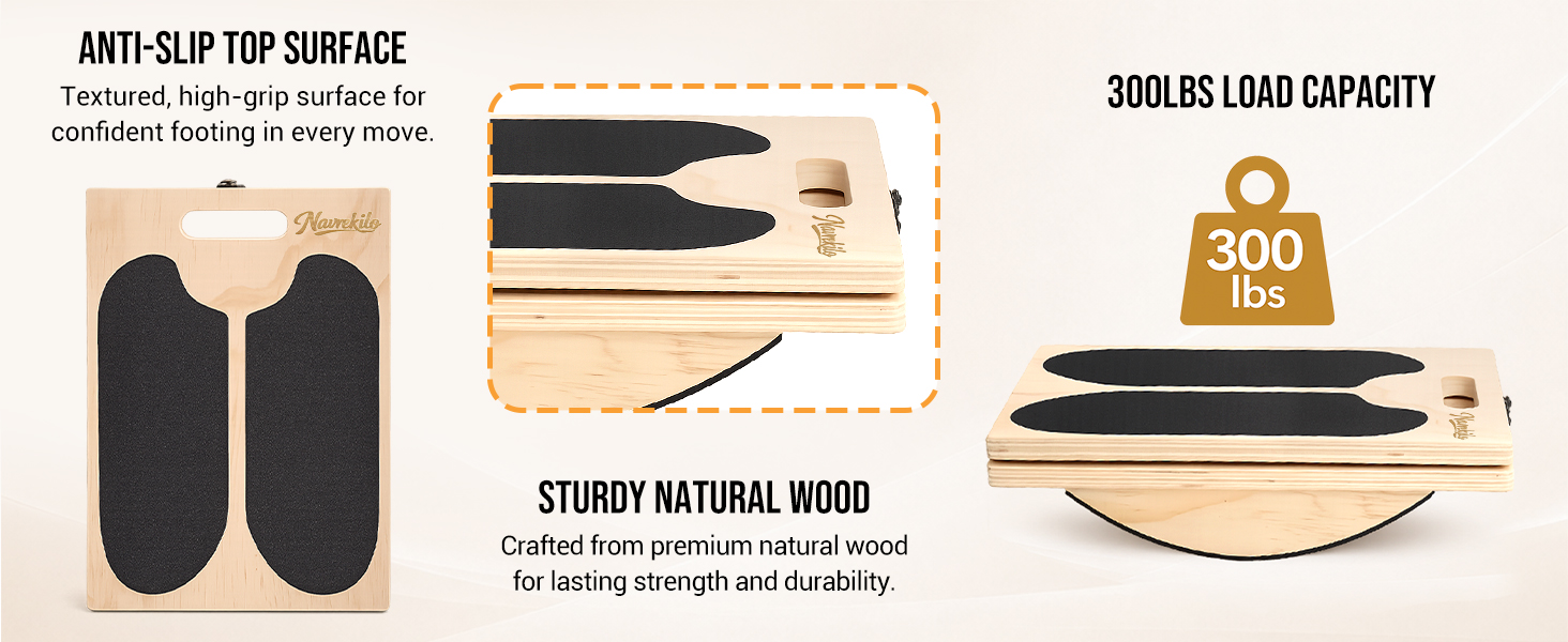 Wooden slant and balance board with anti-slip surface and 300 lbs load capacity.