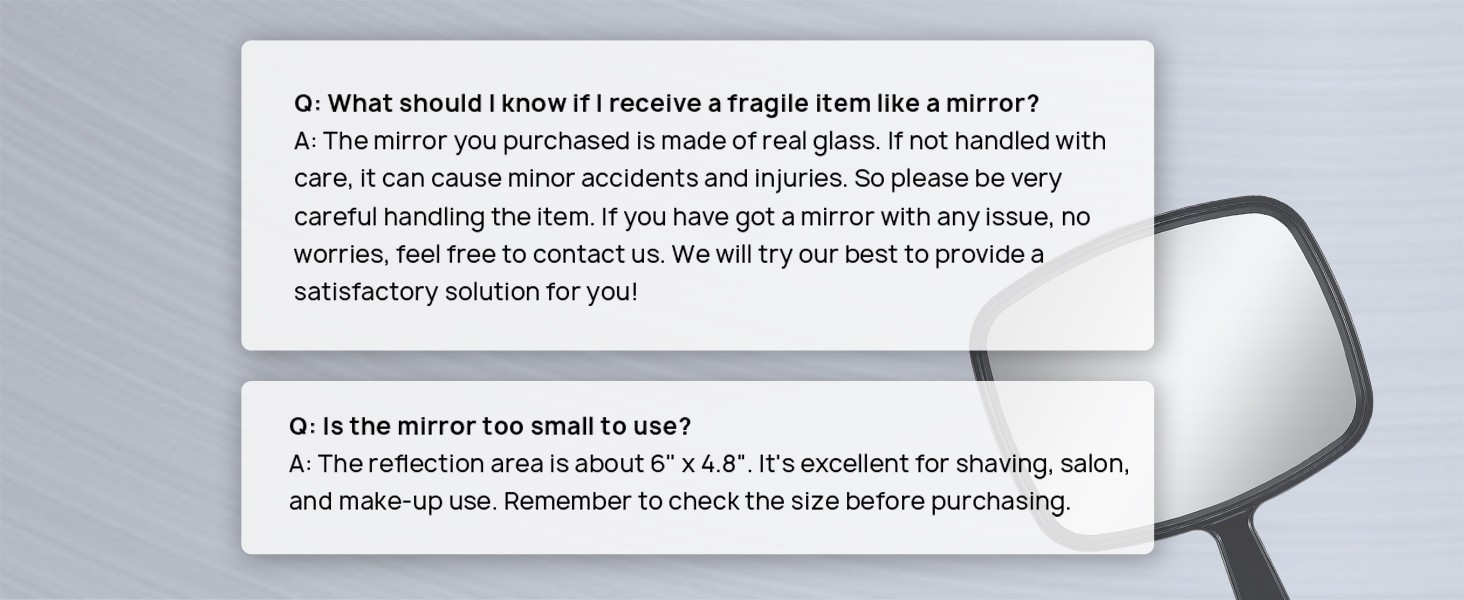 Rectangular handheld mirror with metal frame and handle. Text panel shows product information about fragile item handling and mirror size (5