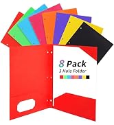 ONEKEEP 8 Pack Plastic Folders with Pockets 3 Hole Punched, Assorted Colors – Durable 2-Pocket Pl...