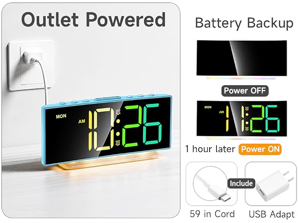 USB power adapter included 59 inch cord outlet powered clock with battery backup for power outage