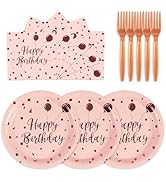 75PCS Happy Birthday Paper Plates - 7 Inch Rose Gold Dot Paper Plates and 6.5 Inch Napkins with 6...
