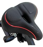 Multiple views of a black bicycle seat with red accent stripe and textured surface pattern, showing different angles and mounting position.
