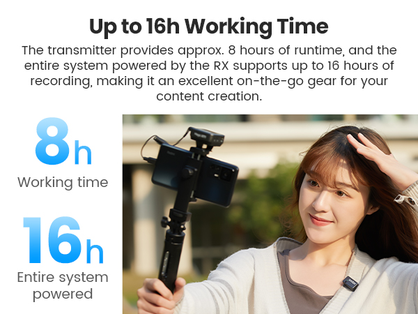 Camera stabilizer system with 8-hour transmitter runtime and 16-hour total system power capacity, shown mounted with camera equipment.