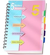 Spiral-bound notebook with 5 colorful dividers. Pink and blue cover features '5' and 'Dividers Notebook' text. Tabs visible on right edge.
