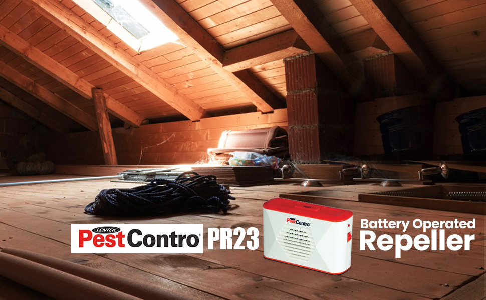 Battery-operated rodent repeller in an attic with wooden floor and ceiling