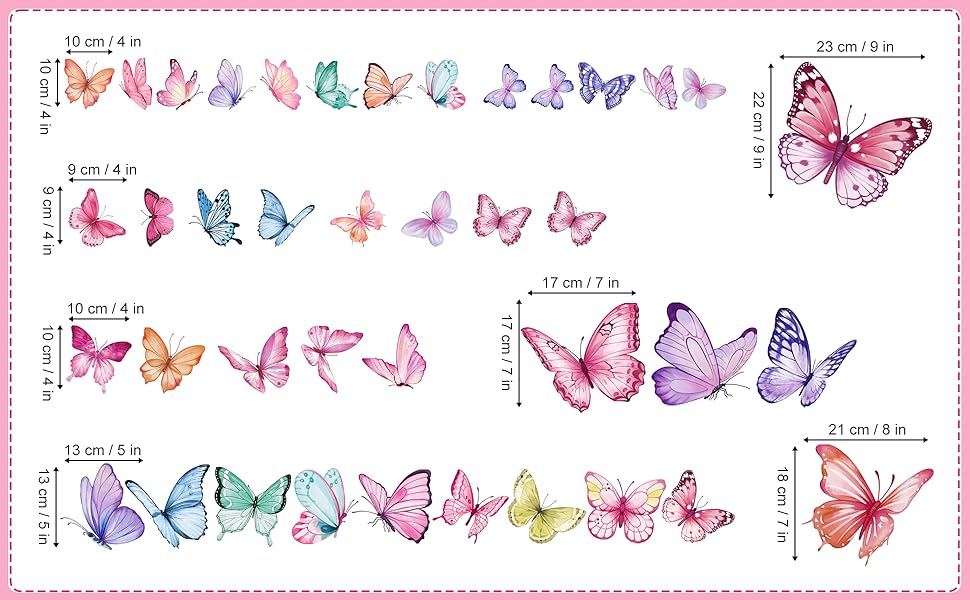 Collection of colorful butterfly illustrations arranged in rows with measurement annotations, showing various sizes and species in pink, purple, blue, and other colors.