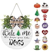 Interchangeable Wooden Seasonal Welcome Wreath, Rustic Round Dogs Front Door Wreaths for Home/Wal...