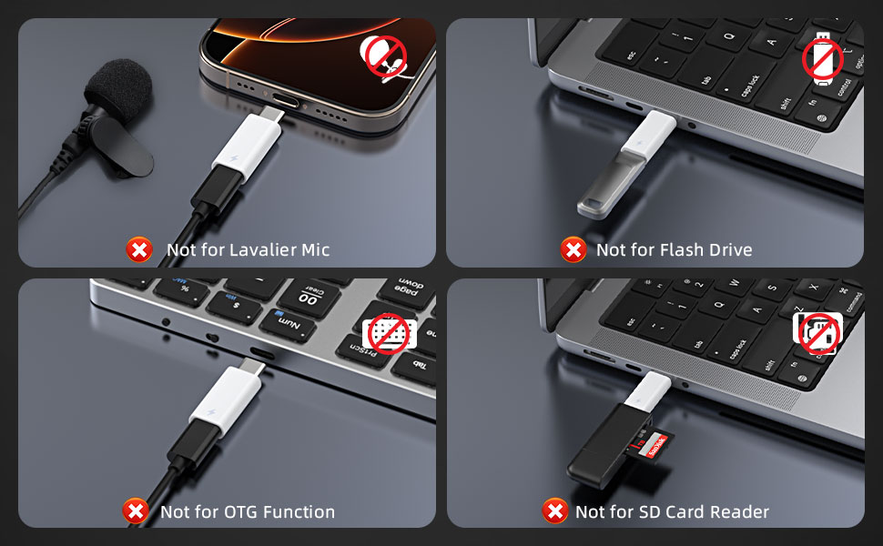 Four panel product demonstration showing key features: 'PD/45L Leather NS', 'NS for Flash Drive', 'Add for OTG Function', and 'NS for SD Card Reader'. Black device connected to laptop ports in multiple configurations.
