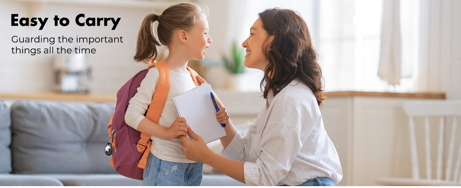 Woman adjusting a child's backpack. Child holds papers. Text reads 'Easy to Carry' and 'Guarding the important things all the time', suggesting a focus on backpack features.