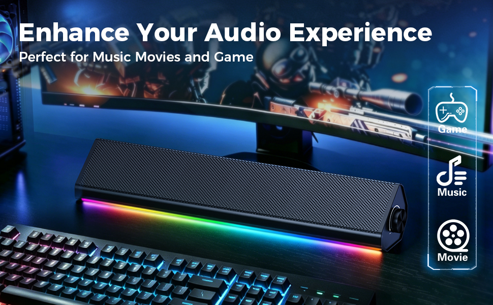 Soundbar for desktop computer under monitor,to enhance music,movies, game audio experience
