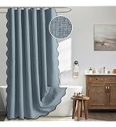 MIULEE Dusty Blue Scalloped Shower Curtain Linen Textured with 12 Metal Hooks Cute Heavy Duty Was...