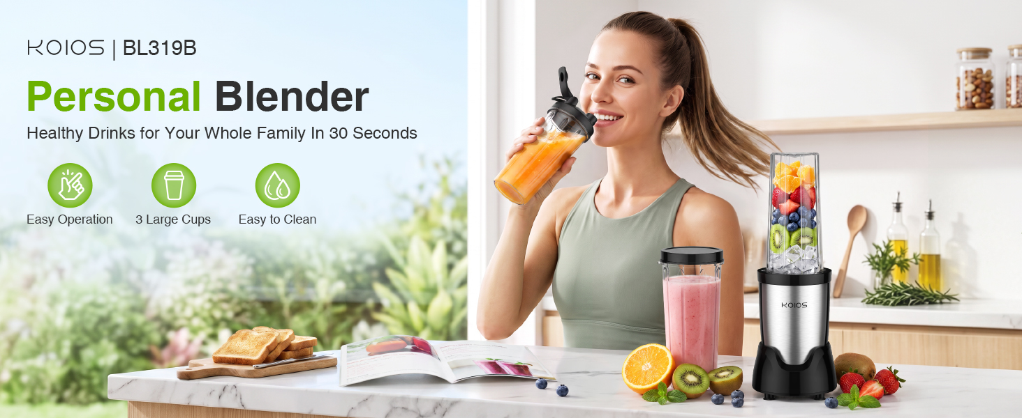 KOIOS BL319B personal blender with 3 cups, make healthy smoothies easily for busy mornings