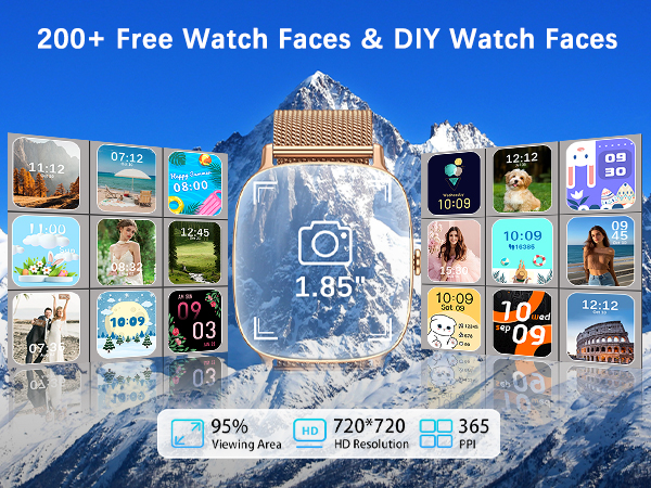 Text reads '200+ Free Watch Faces & DIY Watch Faces'. Screenshot showing multiple smartwatch face designs against snowy mountain background.