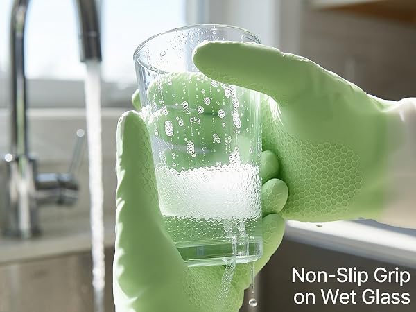 Pink gradient cleaning gloves with non-slip honeycomb grip for secure handling.