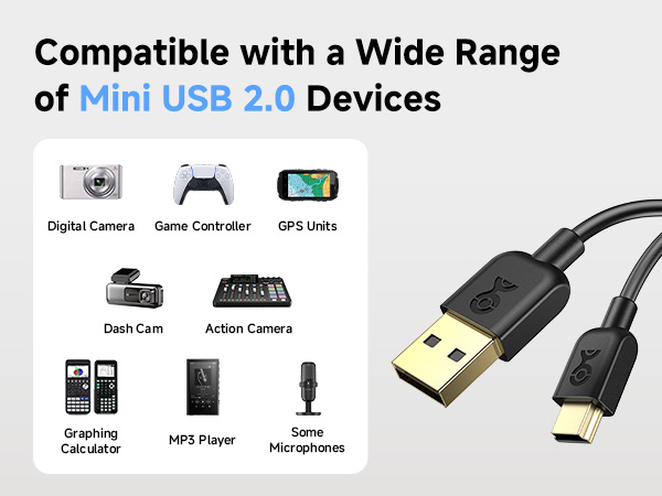 USB to Mini B cable for GoPro Hero 3+, Garmin Nuvi, Canon PowerShot, Blue Yeti mic