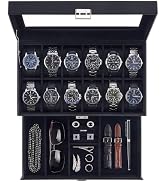 Lolalet Watch Case for Men, 12 Slot Mens Jewelry Box with Drawer Glass Lid | 2 Layers Storage Hol...
