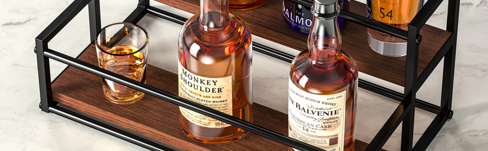 Liquor Bottle Display Shelf is made of a matte black metal frame and rustic wood base