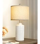 JUNNAI White Ceramic Table Lamp with Beige Shade: 3-Way Dimmable Night Stand Light Lamp 24.5" Mod...