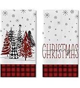 Croar Merry Christmas Tree Kitchen Dish Towels Set of 2, Farmhouse Xmas Buffalo Plaid Snowflake D...