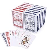 Bicycle brand playing cards showing red and blue deck boxes stacked together, with spread of playing cards displaying traditional card designs.