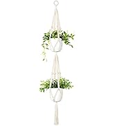 Mkono Macrame Double Plant Hanger Indoor Outdoor 2 Tier Hanging Planter Basket Cotton Rope with B...