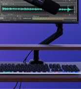 Audio waveform visualization displayed on dark background with purple accent lighting.