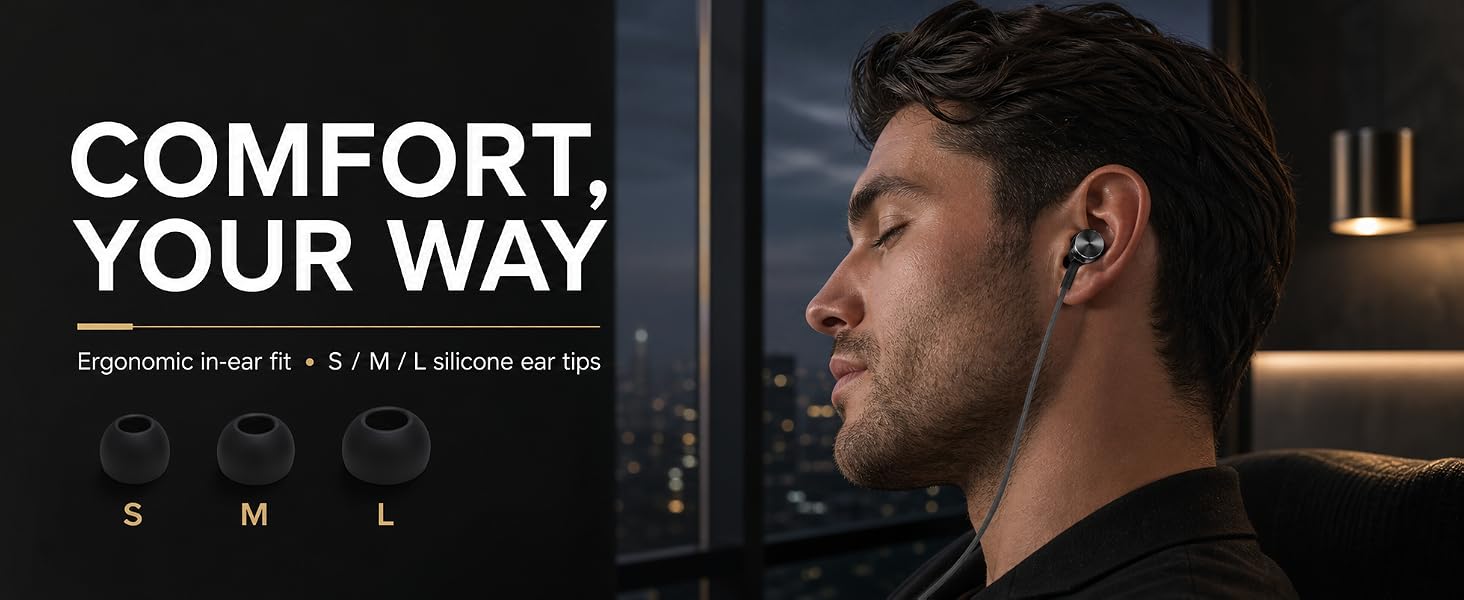 Adult wearing Betron BS10 wired earphones beside S, M, L ear tips for a personalised in-ear fit.