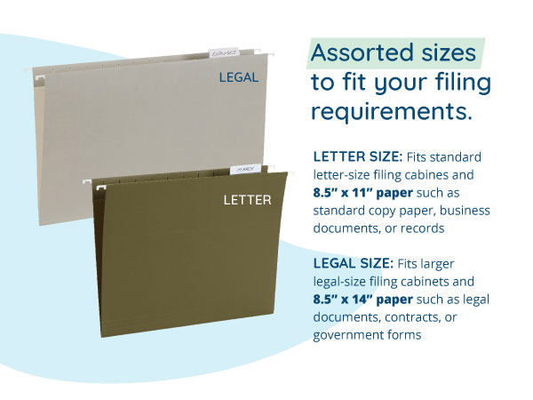 Legal and letter size hanging file folders with usage examples