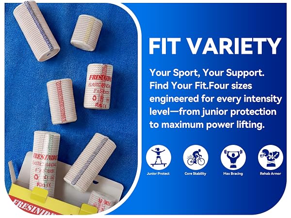 Elastic bandage sizes for different sports, body areas and support needs