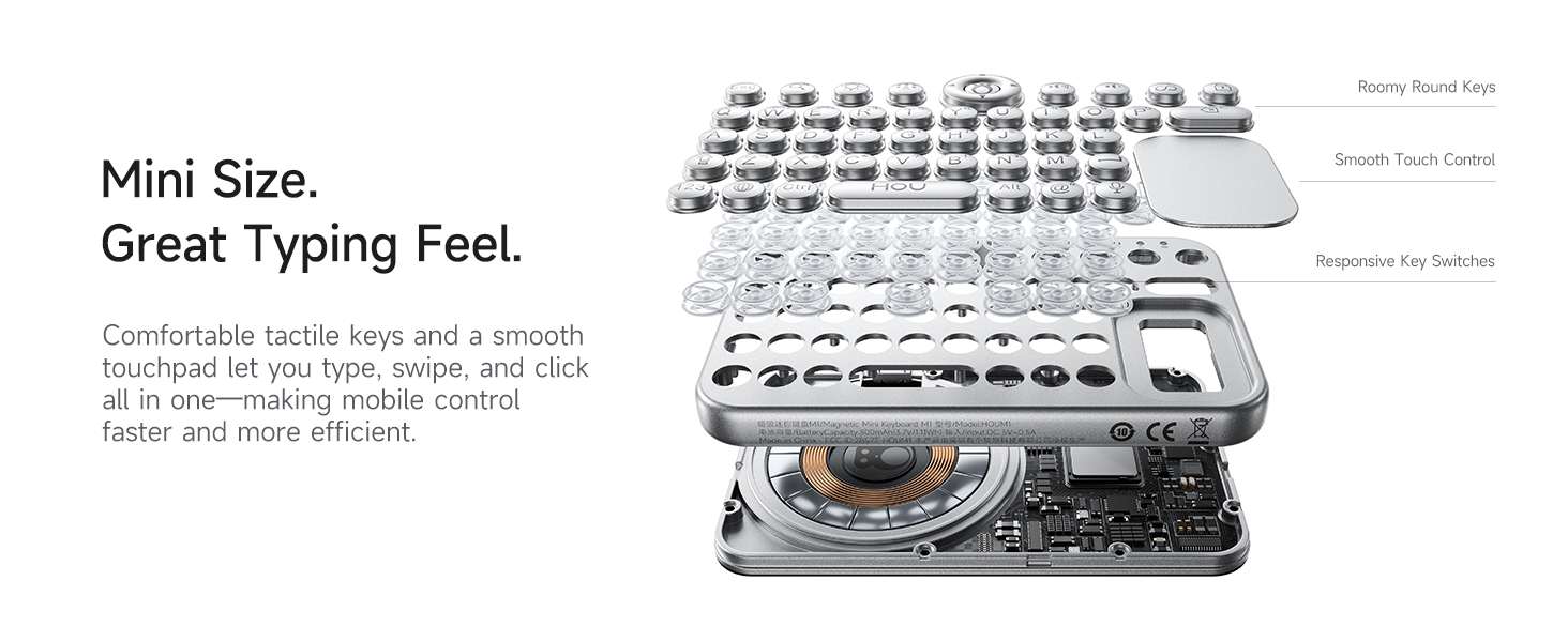 Exploded view showing internal structure of mini round key keyboard with touchpad