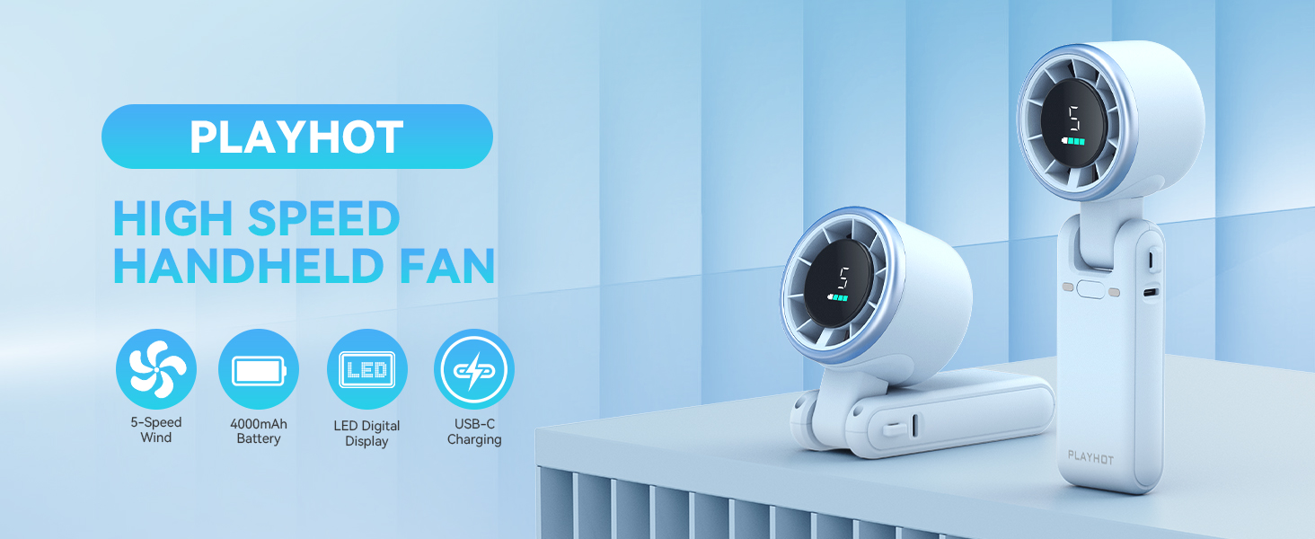 Blue handheld fan rechargeable LED digital display 4000mAh personal fan mini fan USB C charging