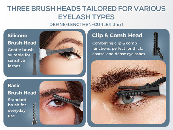 Educational diagram showing three different mascara brush heads: silicone brush head, basic brush head, and clip & comb head, each designed for specific eyelash applications.