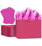 qiqee 5PCS Bright Pink Gift Bags with Ribbon Handles 9.6"x7.9"x4.3" Medium Size Gift Bags (10PCS ...