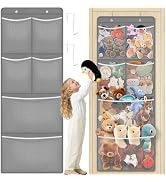 SpaceHacks Stuffed Animal Storage - Large Over the Door Organizer with 6 Expandable Mesh Pockets ...