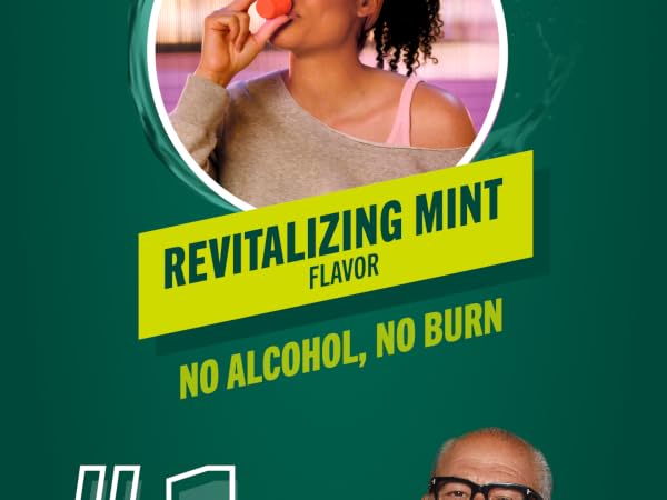 Revitalizing Mint flavor, no alcohol, no burn, green background, circle with girl swishing rinse